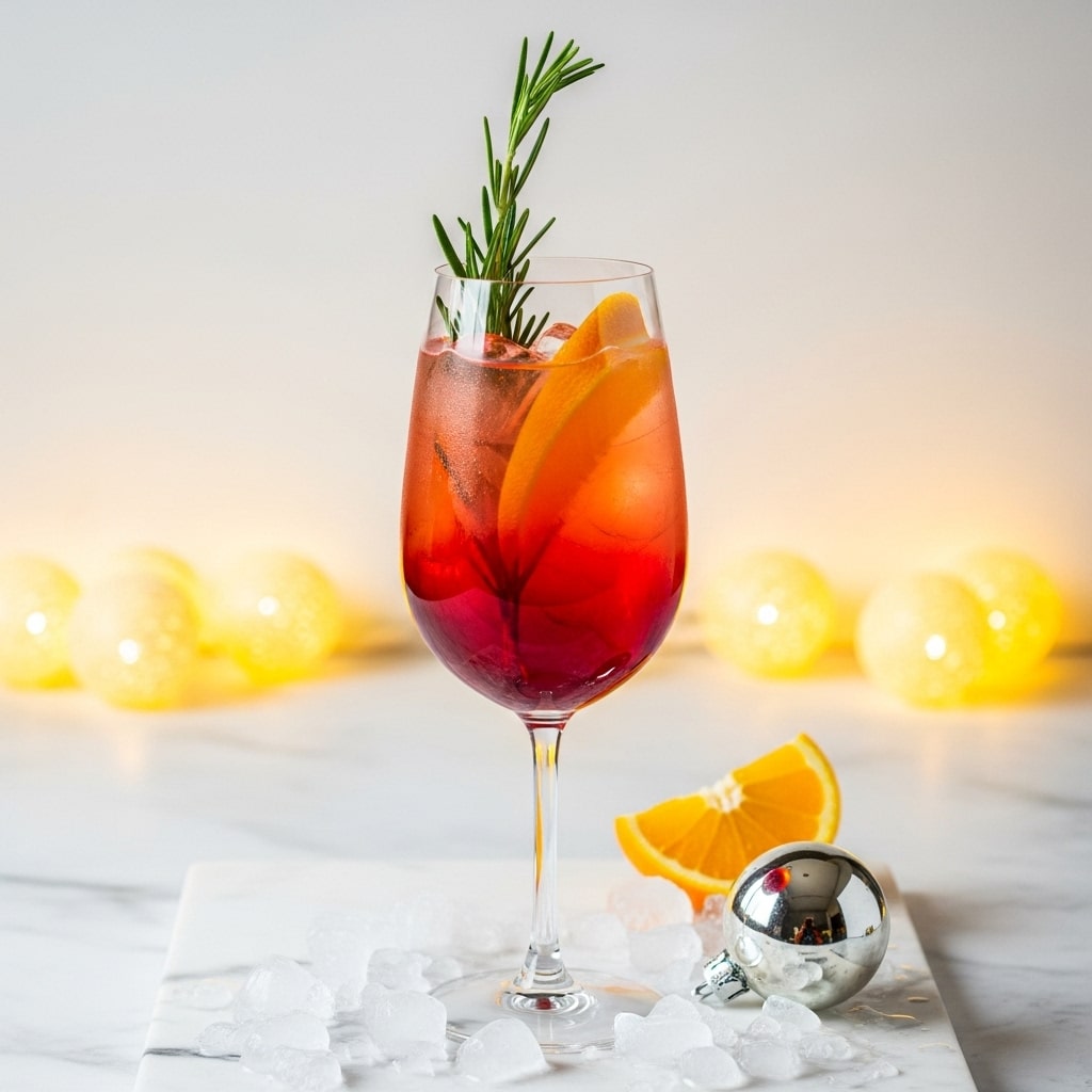 A tall clear glass with a thin stem holds a colorful drink with three layers: a deep red liquid at the bottom, a layer of ice with a light pink liquid above it, and a lemon wedge partly submerged in the top layer. A small green sprig, possibly rosemary, sticks out from the top. The glass is surrounded by crushed ice on a white marbled surface, with a slice of orange and a small shiny silver object nearby. The background shows soft, warm round bokeh lights, giving a cozy feel. Photo taken with an iphone --ar 4:5 --v 7