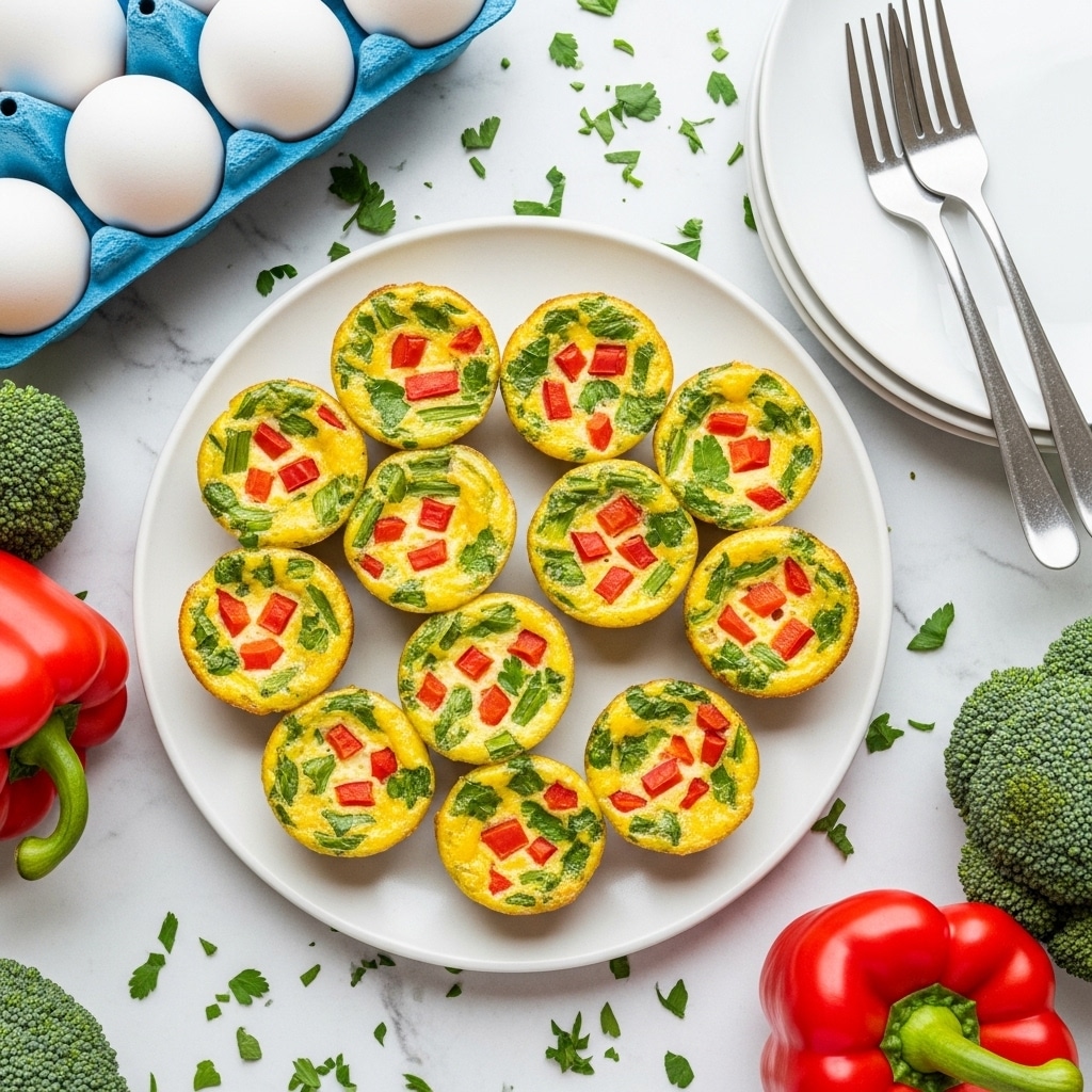 A white plate holds nine small, round egg muffins arranged close together, each showing a mix of green herbs, red bell pepper pieces, and bits of yellow melted cheese, giving a colorful look to the yellow egg base. The muffins have a slightly rough surface with small green chive pieces scattered on top and around the plate. To the left, two metallic forks rest on a plain white plate, and in the corners, fresh vegetables such as red bell peppers and broccoli add vibrant color. The whole scene is set on a white marbled surface, with a blue egg carton visible in the bottom right corner. photo taken with an iphone --ar 4:5 --v 7