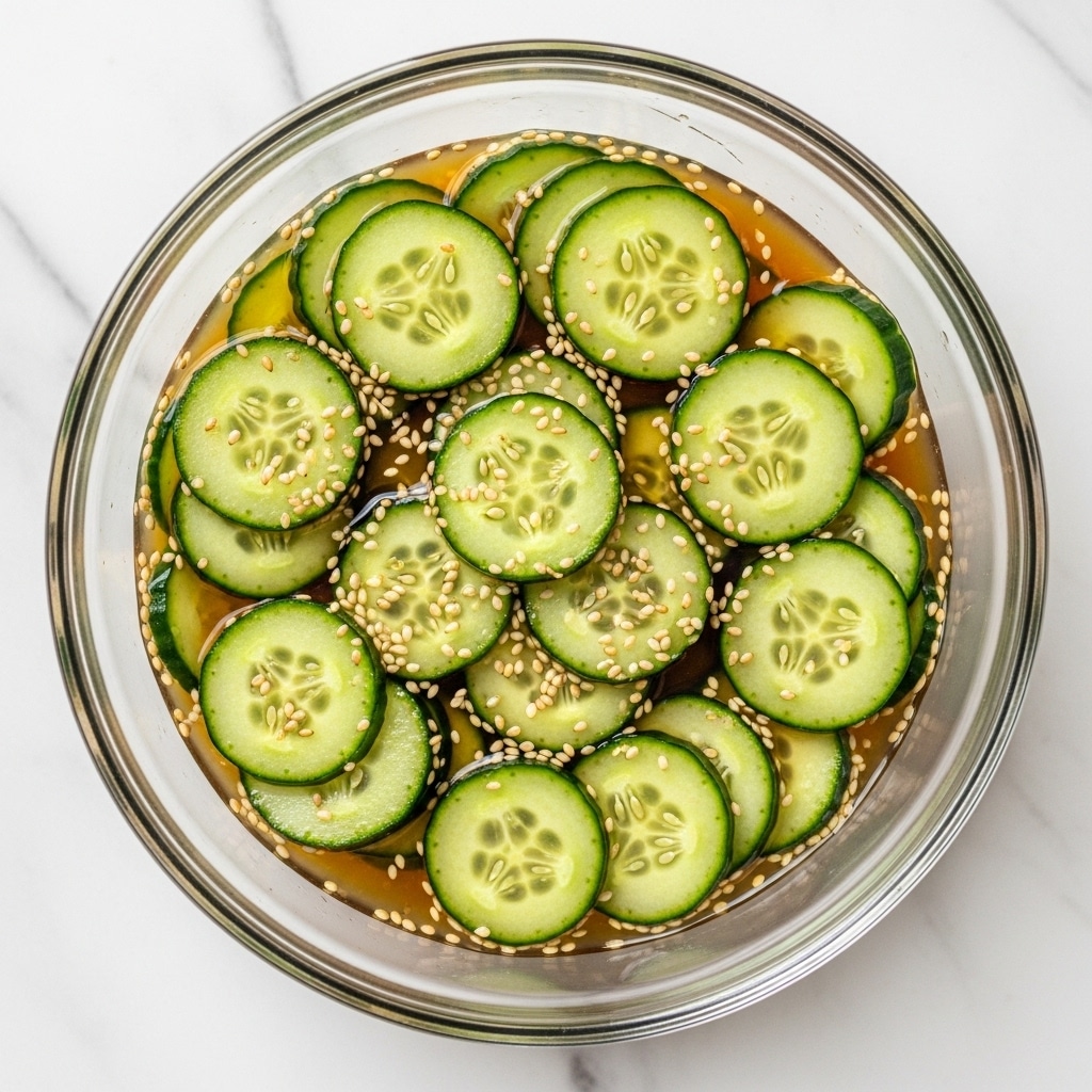 A clear glass bowl filled with thinly sliced cucumber rounds in light green with darker green edges, mixed with a light brown liquid sauce that has visible sesame seeds scattered throughout. The bowl sits on a white marbled surface, and the cucumbers appear glossy and wet from the sauce. The sesame seeds add small, pale beige specks evenly spread over the cucumbers, creating a textured look. photo taken with an iphone --ar 4:5 --v 7