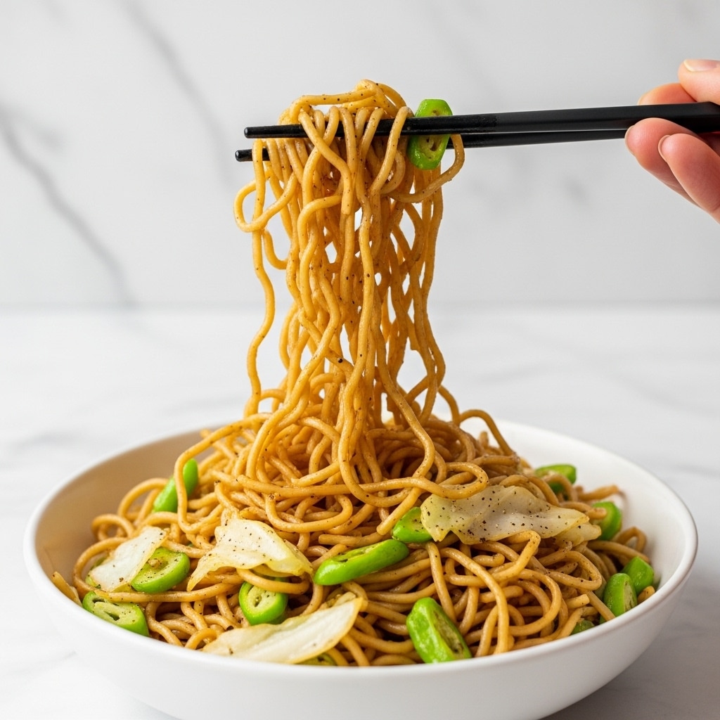 A close-up image of a white bowl filled with stir-fried noodles that are golden brown and slightly glossy, layered with light green cooked cabbage pieces scattered throughout. A pair of black chopsticks held by a woman's hand lifts a tangled portion of the noodles and cabbage above the bowl. The background shows a soft-focus white marbled texture. The overall look of the noodles is slightly oily with small black pepper flakes visible. photo taken with an iphone --ar 4:5 --v 7