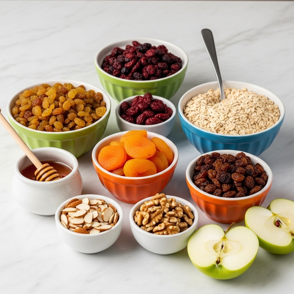 The image shows several white bowls filled with different dried fruits and nuts arranged on a white marbled surface. There is a red bowl with golden raisins on the left, a green bowl with dried cranberries towards the back, a dark brown bowl filled with bright orange dried apricots in the center, and an orange bowl full of dark raisins in the front right. A blue bowl in the back right contains rolled oats with a silver spoon resting in it. Two smaller white bowls hold sliced almonds on the left and walnut pieces on the right. In front of the bowls, there is a small white jar of honey with a honey dipper resting inside and three slices of green apple placed on the marble surface. The overall setting is bright with the bowls neatly organized. photo taken with an iphone --ar 4:5 --v 7