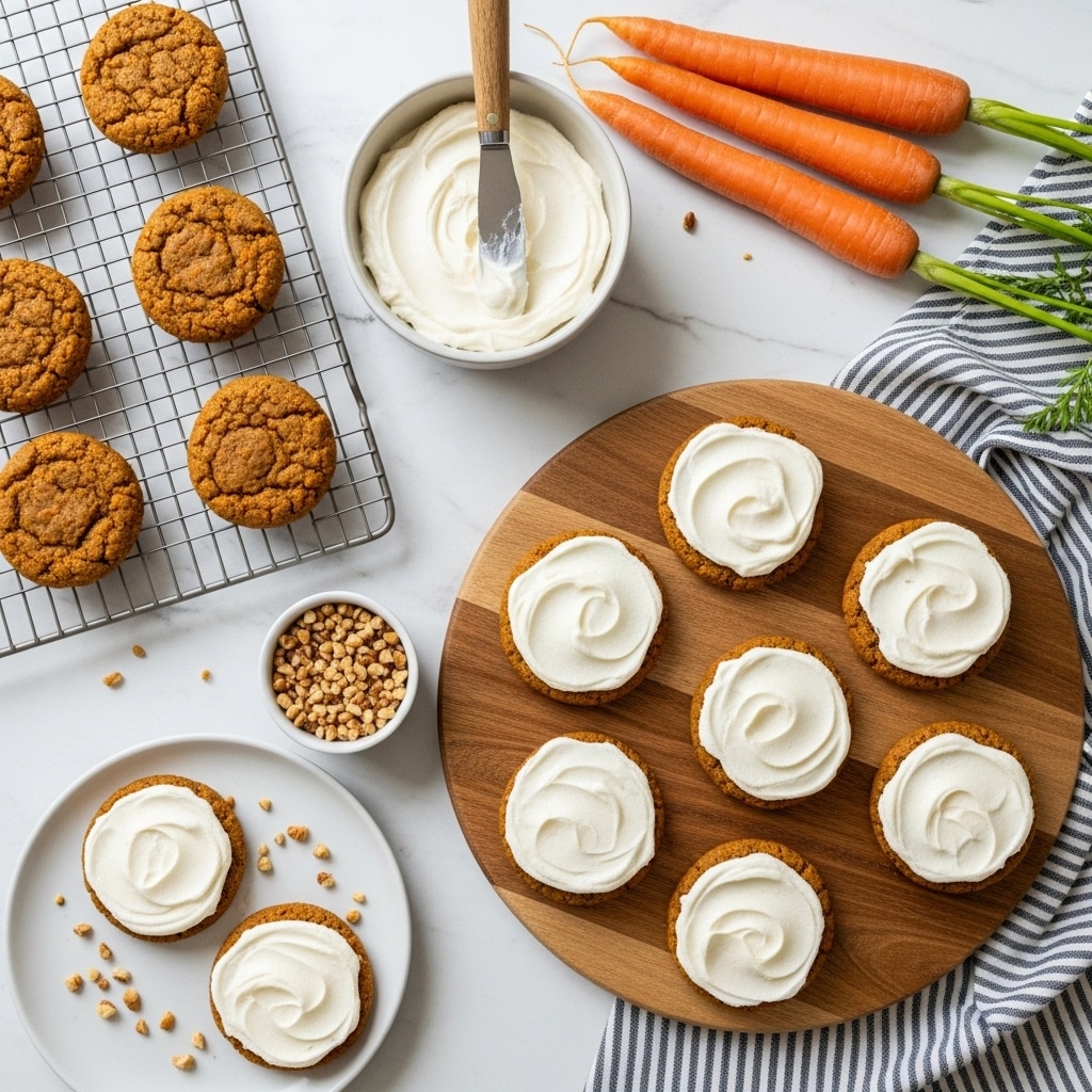 The image shows a scene of freshly baked carrot cake cookies with cream cheese frosting. On the right, seven cookies sit on a round wooden board, each topped with a smooth white cream layer neatly spread. In the bottom left corner, two cookies with frosting sit on a white plate, next to a small bowl filled with chopped nuts. Above that, a wire cooling rack holds five more unfrosted cookies. A small bowl of creamy white frosting with a spreader knife rests near the top center. On the upper right, three fresh whole carrots with green tops lie on the white marbled surface next to a striped cloth. The photo is taken with an iphone --ar 4:5 --v 7