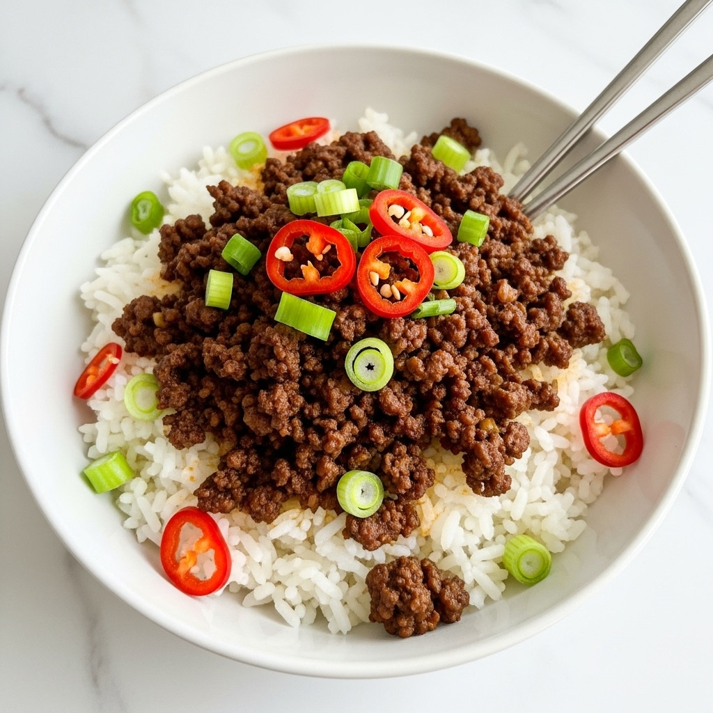 A bowl filled with a layer of fluffy white rice at the bottom, topped with a generous mound of cooked ground beef that is dark brown and slightly crumbly in texture. On top of the beef, there are thin slices of bright red chili peppers scattered evenly, along with fresh, thinly sliced green onions adding a splash of green. A pair of silver chopsticks rests on the edge of the white bowl, which sits on a white marbled surface. Photo taken with an iphone --ar 4:5 --v 7