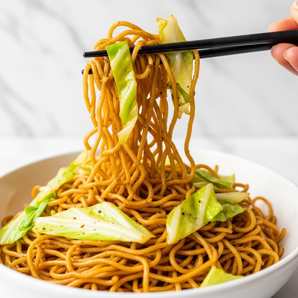 A close-up view of a white bowl filled with cooked noodles mixed with small pieces of light green vegetables and bits of white cabbage, showing a glossy and slightly oily texture. A pair of black chopsticks held by a woman's hand lifts a tangled portion of the noodles above the bowl, revealing slight browning and seasoning with black pepper specks. The background is a soft white marbled surface, giving the image a clean and fresh look. photo taken with an iphone --ar 4:5 --v 7
