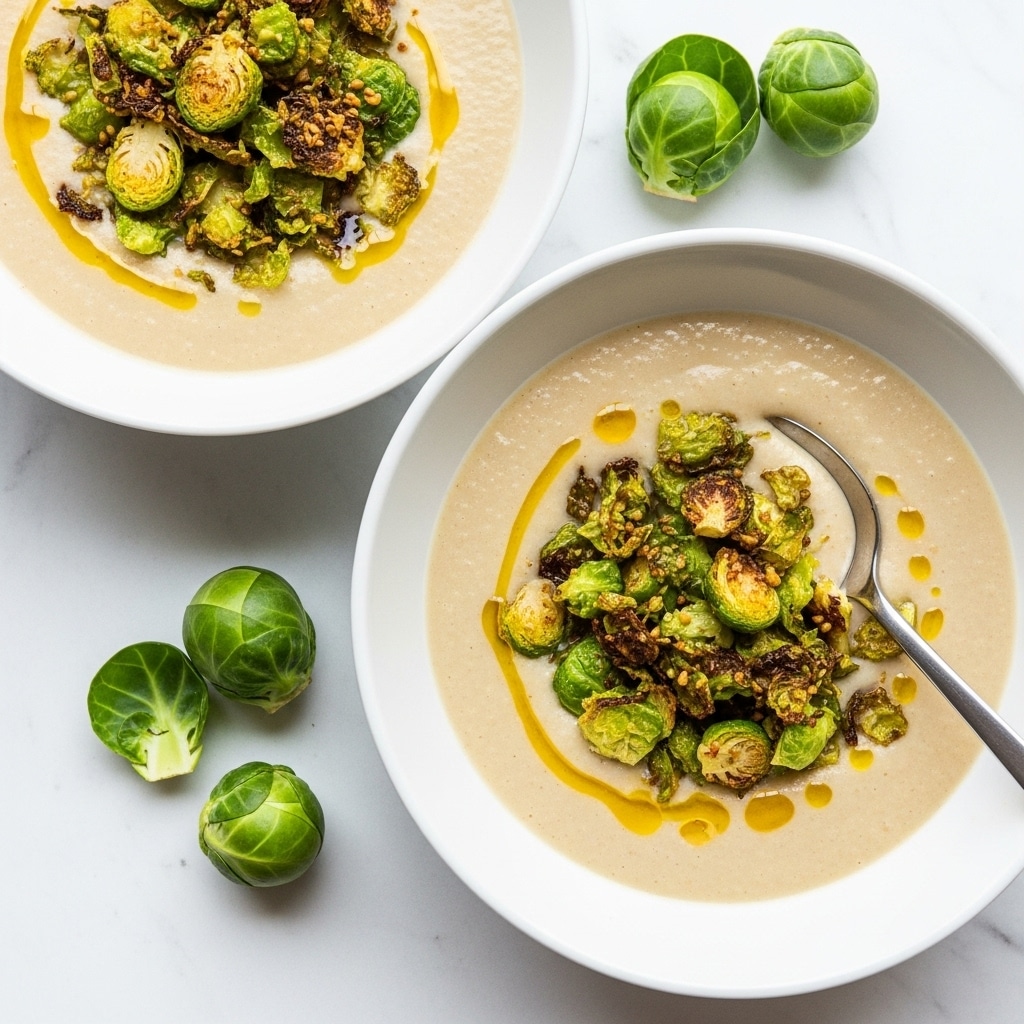 Two white bowls sit on a white marbled surface, each filled with a smooth, creamy white soup. On top of the soup is a layer of crispy, roasted green Brussels sprout shreds that add texture and color contrast. A small drizzle of golden oil is visible on the surface of the soup near the sprouts. Some fresh Brussels sprouts surround the bowls, and one bowl has a spoon resting inside it. The lighting is soft and natural, creating a fresh and inviting look. Photo taken with an iphone --ar 4:5 --v 7