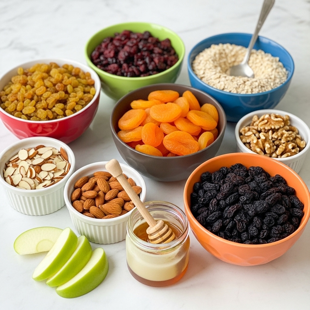 The image shows seven white bowls arranged on a white marbled surface, each filled with different dry ingredients. From left to right, the bowl at the back left contains golden raisins, with a red outer surface and white inner surface. Next to it, a green bowl holds small dark red dried berries. To the right of that, a blue bowl is filled with light beige rolled oats and has a metal spoon resting inside. In front of these, an orange bowl contains bright orange dried apricot pieces. In front of that, a small white bowl holds sliced almonds. To the right, another small white bowl contains walnuts. In the front right, an orange bowl filled with dark brown raisins is next to two halves of a green apple placed on the surface. On the far left, a small white pot is filled with honey with a honey dipper resting inside. Photo taken with an iphone --ar 4:5 --v 7