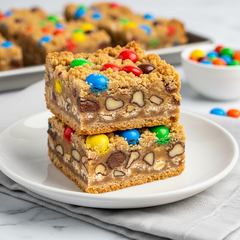 This image shows two stacked square dessert bars on a white plate over a light gray cloth. Each bar has three visible layers: a light brown crumbly base, a middle chewy layer with pieces of nuts, and a top layer scattered with colorful candy-coated chocolate pieces in red, yellow, blue, green, and brown. The bars have a textured look with nuts visible in the middle layer. The background is a wooden surface with a blurred baking tray and a small glass bowl filled with more candy pieces. The overall tone is warm and cozy. Photo taken with an iphone --ar 4:5 --v 7