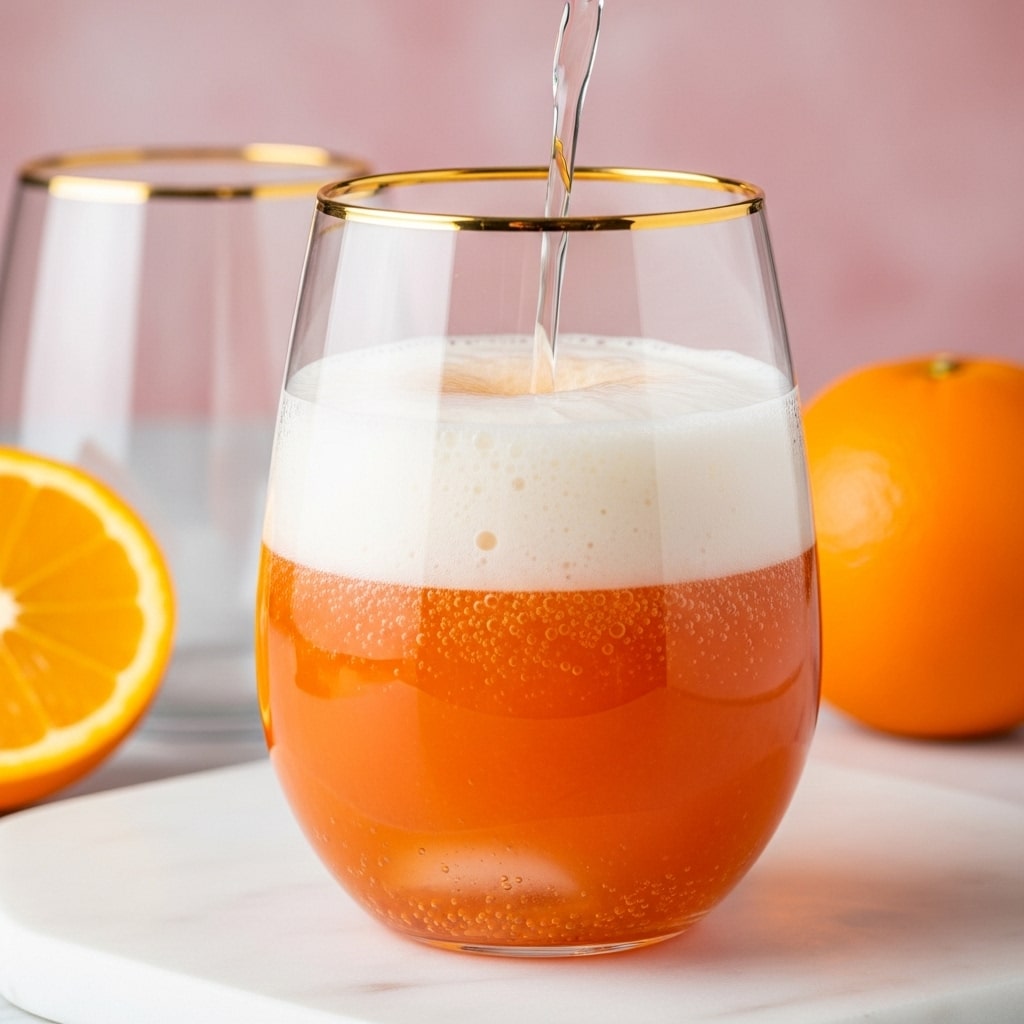 The image shows a clear wine glass with a gold rim, filled halfway with a bright orange liquid at the bottom that has a slightly grainy texture. Above the orange layer, there is a thick, foamy white layer with bubbles, and a clear liquid is being poured into the glass, creating more foam at the top. The background is a soft pink blurred color, and the glass is in front of a white marbled surface with a blurry white dish and orange slice nearby. Photo taken with an iphone --ar 4:5 --v 7