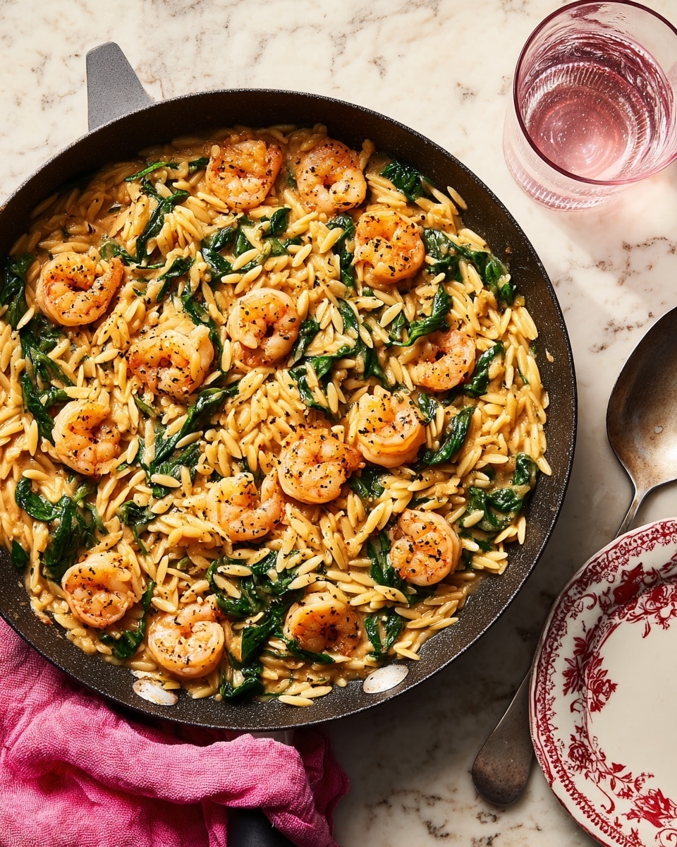 A close-up of a black pan filled with a creamy dish showing three main layers: the bottom layer is light brown sauce, the middle layer is a mix of golden-yellow orzo pasta and bright green sautéed spinach, and the top layer has several orange shrimp scattered evenly with some black pepper sprinkled on top. The pan is placed on a white marbled surface, next to a shiny silver metal spoon, a clear pink glass, a white plate with red patterns at the edge, and a folded pink cloth. photo taken with an iphone --ar 4:5 --v 7