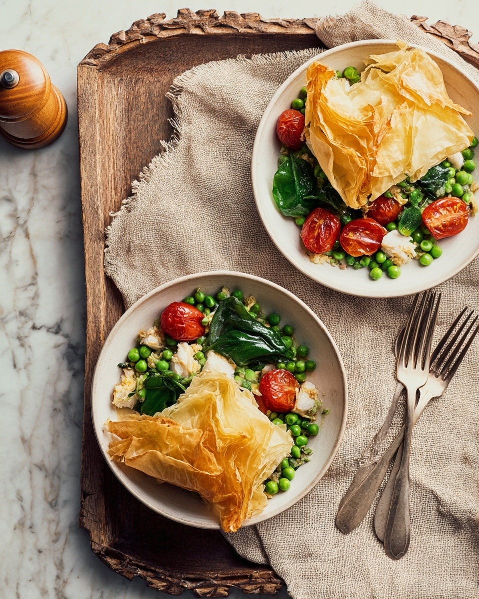 Two white bowls placed on a rustic wooden tray with decorative edges on a white marbled texture; each bowl contains a colorful dish with three main layers: a base of bright green peas and halved red cherry tomatoes mixed with light green leafy herbs, topped with creamy white pieces of fish, and crowned by two large, golden-brown, crispy folded pastry sheets. The fabric napkin with fringes sits under the top bowl, and a silver fork and knife rest to the left of the tray next to a wooden pepper grinder, all captured in soft natural light. photo taken with an iphone --ar 4:5 --v 7