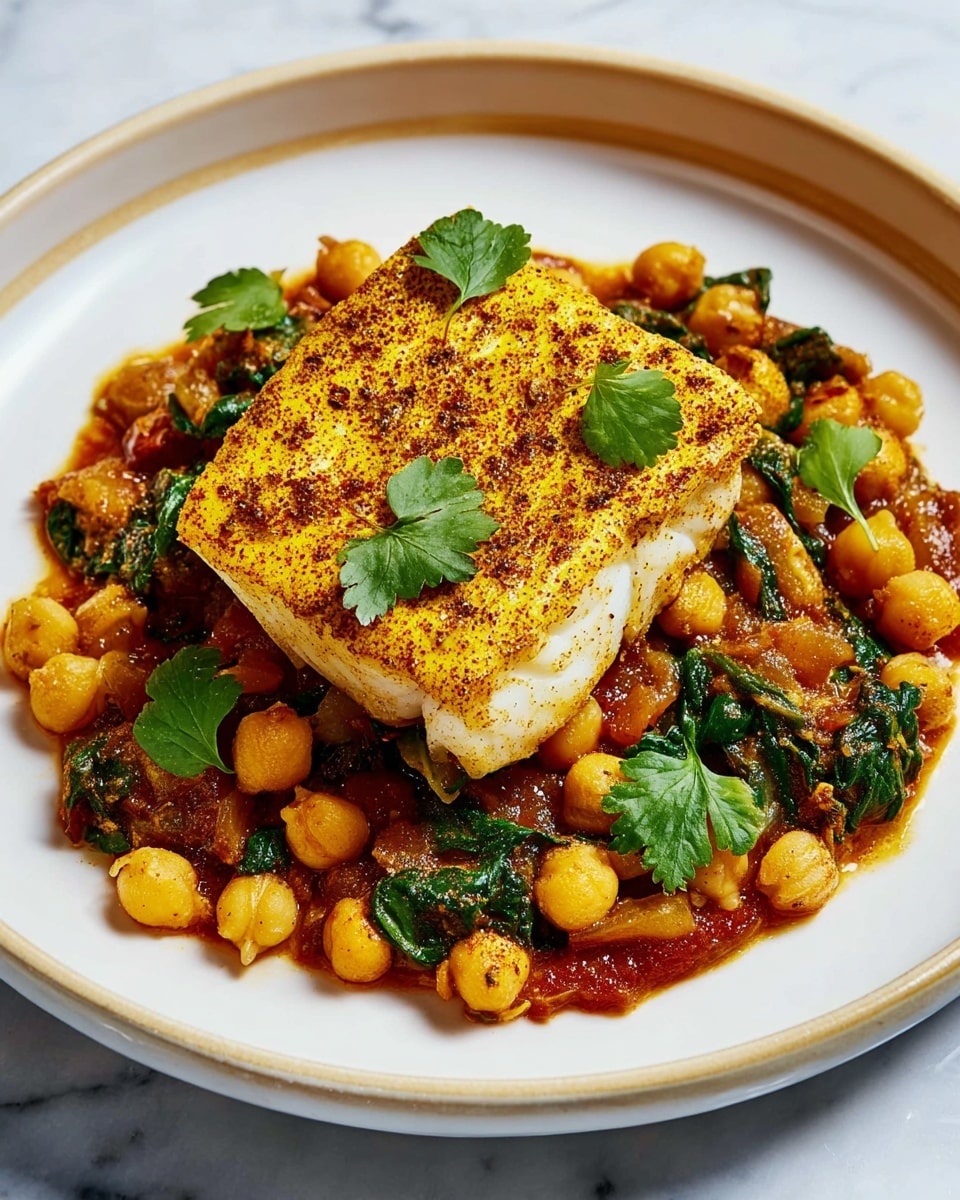 A white plate filled with a base layer of chickpeas mixed with cooked spinach and diced onions in a light brown sauce, creating a textured and colorful bed. On top, there is a thick, rectangular piece of white fish seasoned with yellow spices and herbs, with some parts of the fish showing white, flaky texture. Bright green cilantro leaves are scattered on the fish and chickpea mixture for a fresh touch. The plate is placed on a white marbled surface. photo taken with an iphone --ar 4:5 --v 7