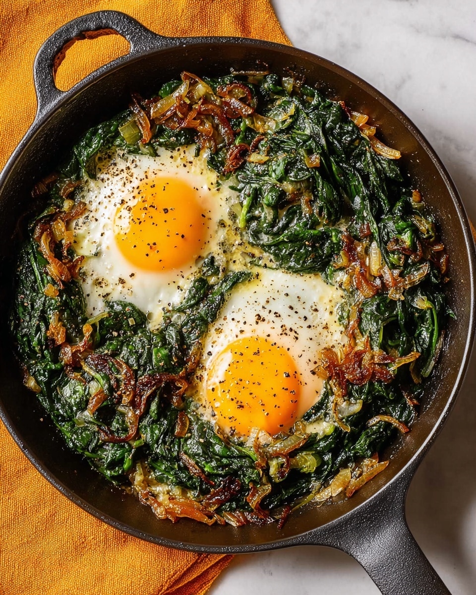 A black pan with two cooked eggs in the center, each egg with a bright orange yolk and slightly cooked white around it, surrounded by dark green wilted spinach and caramelized brown onions evenly spread around the eggs, all on a white marbled surface with a small shadow cast from the pan handle and a folded mustard-yellow cloth near the bottom right corner, photo taken with an iphone --ar 4:5 --v 7