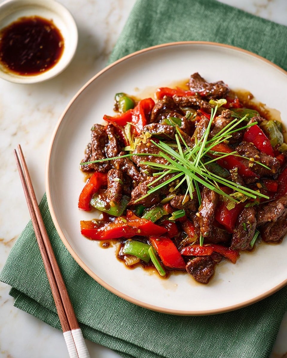 A white plate holds a stir-fry dish made of dark brown crispy beef strips mixed with large red bell pepper pieces and light green scallion slices. At the center of the plate, a small pile of thin, bright green scallion strips is placed on top, adding contrast to the rich colors. The beef and vegetables are coated in a glossy, dark sauce that spreads slightly on the plate. Next to the plate, there are light brown wooden chopsticks with white tips resting on a green cloth napkin with frayed edges. Behind the plate, a small white bowl with dark brown sauce sits on a white marbled surface. photo taken with an iphone --ar 4:5 --v 7