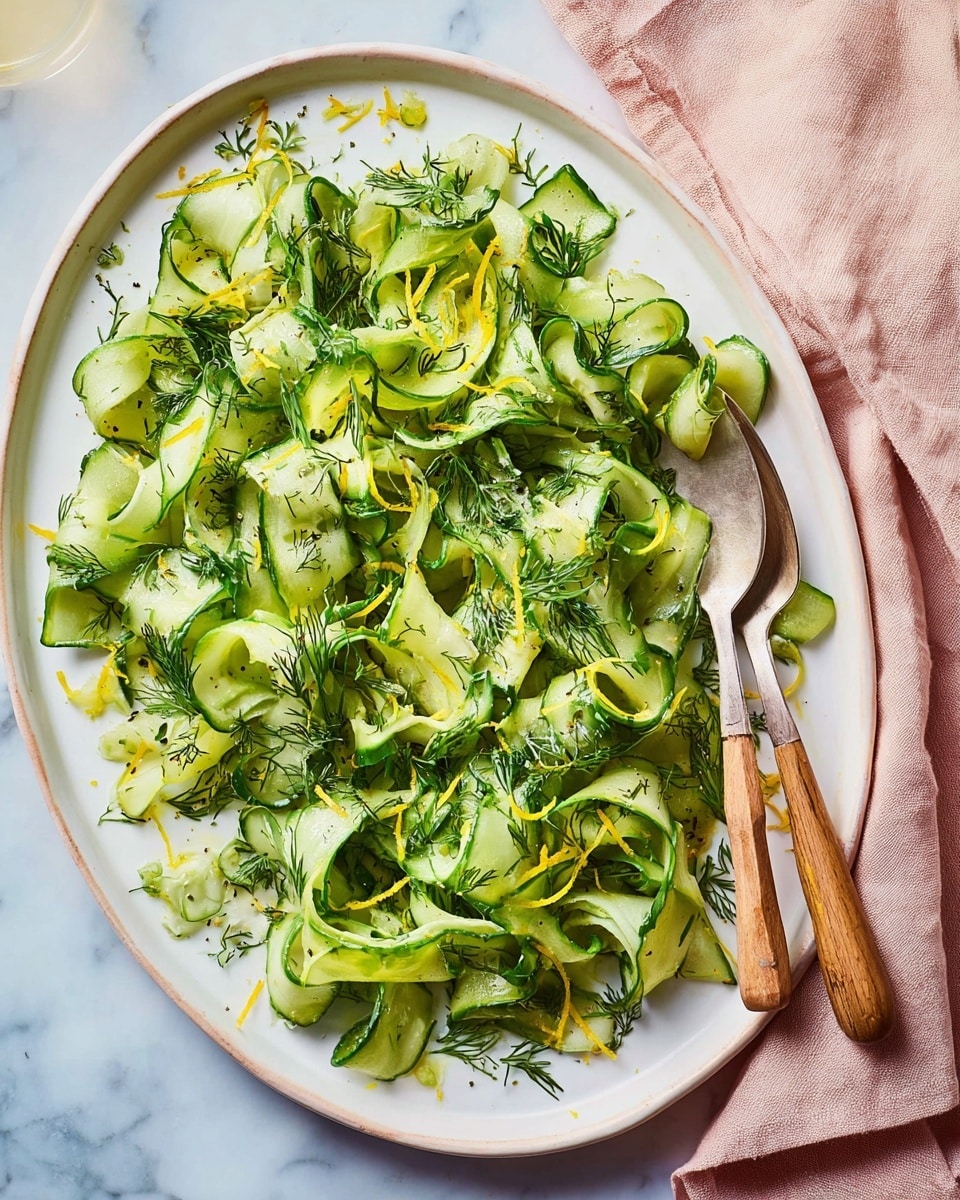 A white plate sits on a white marbled surface holding a fresh cucumber salad made of thin, wide, translucent green cucumber ribbons layered loosely across the plate. Bright green herb leaves and sprigs, possibly dill and parsley, are scattered throughout, adding texture and color contrast. Tiny twists of pale yellow lemon zest are sprinkled on top, along with small specks of black pepper and coarse salt. To the right, a fork and spoon with wooden handles rest on the plate’s edge next to a soft pink cloth napkin. The overall look is fresh, light, and vibrant, highlighting the green and yellow colors in a clean setting. photo taken with an iphone --ar 4:5 --v 7