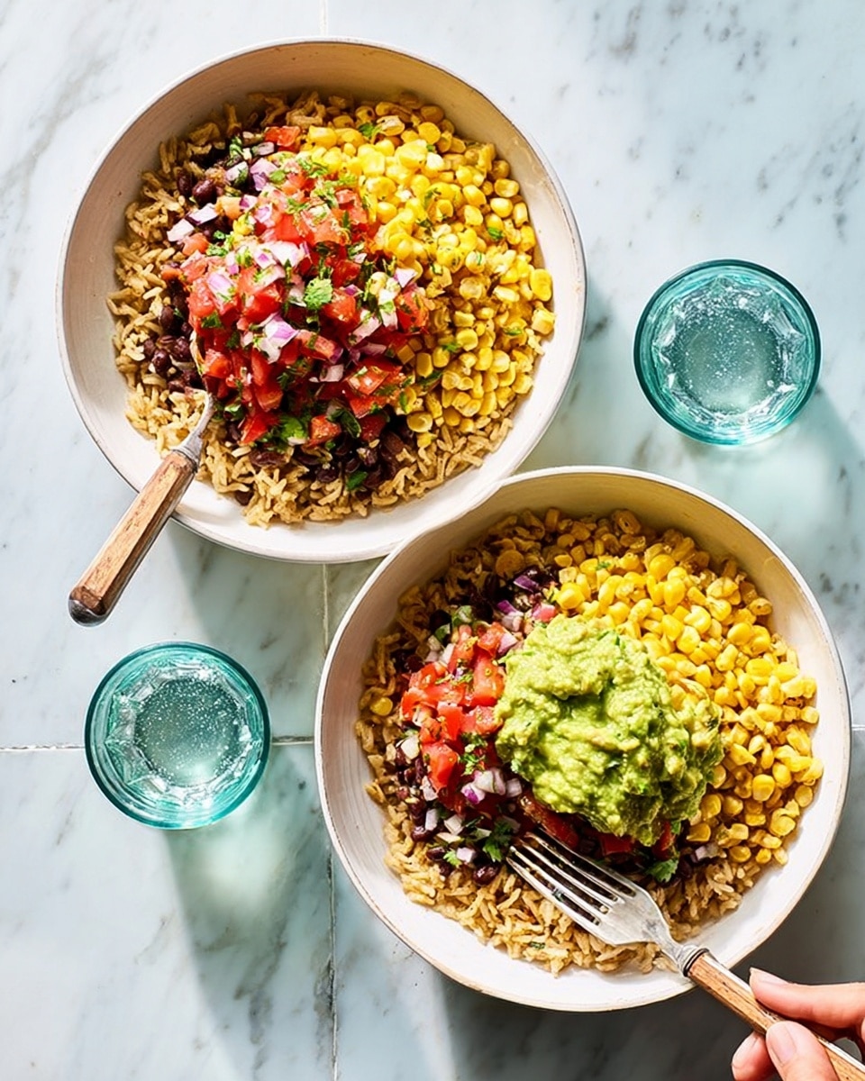 Two white bowls filled with three distinct layers are shown from above on a white marbled surface. The bottom layer is brown rice mixed with black beans, creating a textured base. On top of the rice are three sections: one with bright green mashed avocado, another with yellow corn kernels, and the third with finely chopped red onions and tomatoes mixed together, adding red and purple colors. Each bowl has a rustic wooden-handled fork resting inside. The lighting is soft and natural, highlighting the freshness of the ingredients. A woman's hand is seen holding one fork slightly above the bowl. Two clear glass tumblers with water are placed nearby. photo taken with an iphone --ar 4:5 --v 7
