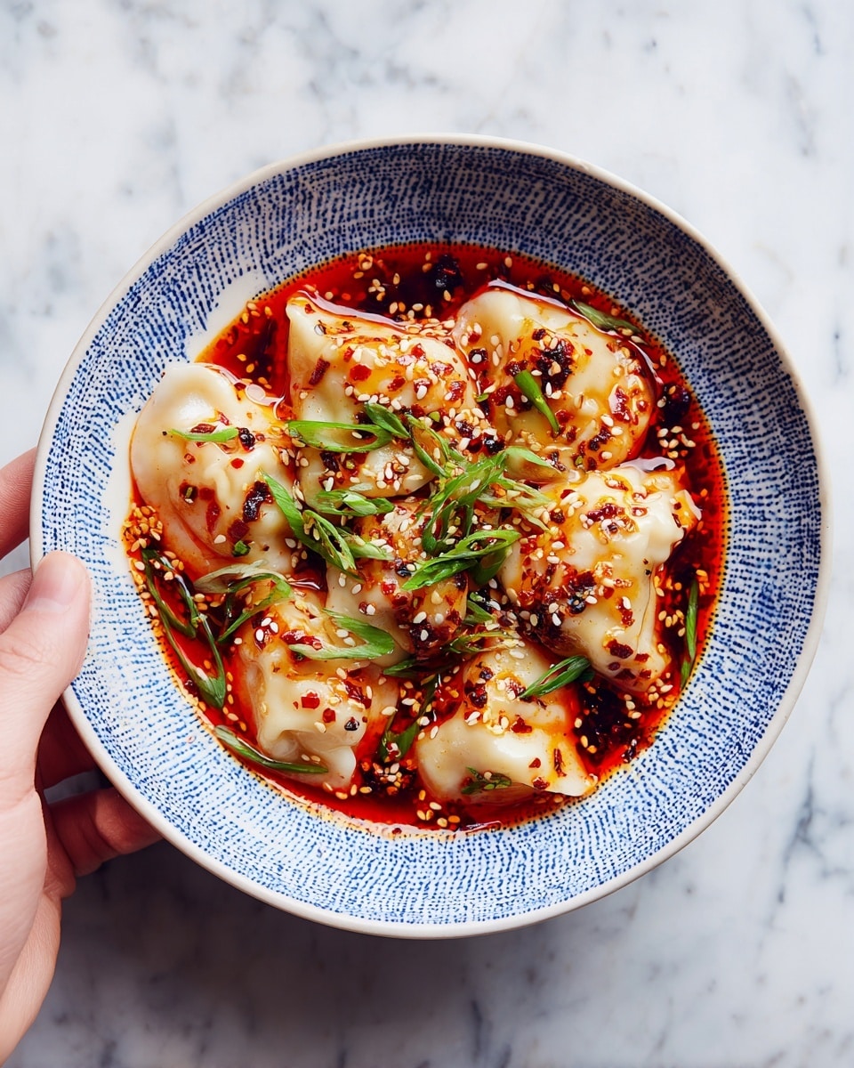 A white bowl filled with many dumplings covered in a shiny red sauce. The dumplings are light beige with crinkled edges, sitting in a rich, oily sauce that has red chili flakes and bits of dark spices floating on top. The dish is sprinkled with small green chopped onions and white sesame seeds spread evenly over the dumplings. The bowl rests on a white marbled texture surface, and part of another bowl with similar dumplings is visible at the top left corner. Photo taken with an iphone --ar 4:5 --v 7