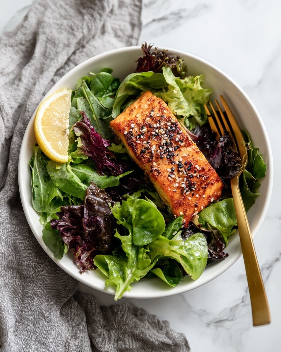 A piece of cooked salmon with a golden brown crust sits on top of a fresh salad made of mixed leafy greens, including dark red and bright green leaves, all placed in a white bowl. A small slice of lemon is tucked beside the salmon. The bowl rests on a white marbled surface, and a gold fork is placed nearby. The photo is bright and clear, showing the crisp texture of the salmon and the fresh, leafy salad underneath. photo taken with an iphone --ar 4:5 --v 7