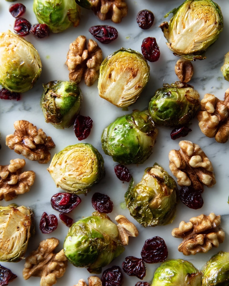 The image shows a close-up of roasted Brussels sprouts that are halved and golden brown on the cut sides, scattered evenly on a white marbled surface. Among them are whole walnuts that have a rough, brown texture and dried cranberries with a dark red, wrinkled appearance. The vegetables and nuts are spread in a somewhat random arrangement, creating a mix of green, brown, and red colors with a roasted, slightly crispy look. Photo taken with an iphone --ar 4:5 --v 7