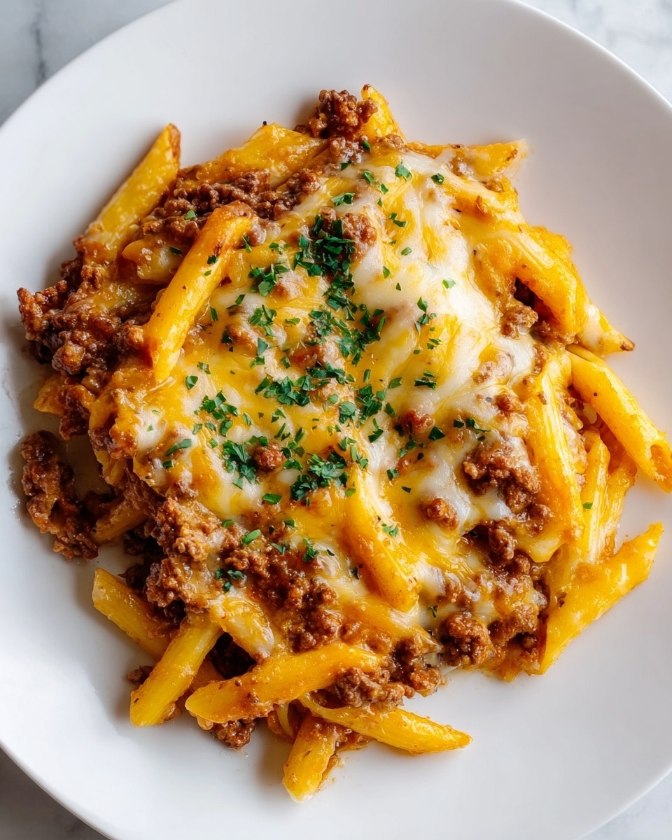 A white plate filled with baked penne pasta mixed with ground meat, covered by a layer of melted yellow and light orange cheese, with some browned spots on top. The pasta pieces are visible under the cheese, showing a rough texture. The dish is garnished with finely chopped green herbs spread mainly in the center. The white marbled background adds contrast to the warm colors of the pasta dish. photo taken with an iphone --ar 4:5 --v 7