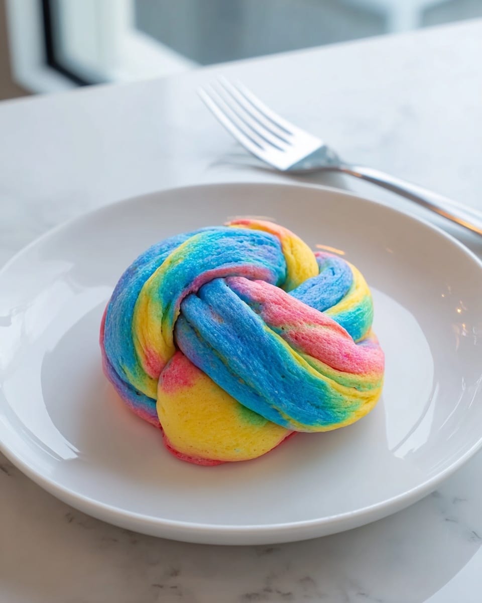 A colorful twisted bread bun sits in the center of a white plate, showing swirling layers of vibrant red, yellow, blue, and green shades that blend smoothly with a soft and fluffy texture. The bun's surface has folds and creases highlighting its twisted shape, giving the impression of fresh dough. Next to the plate, a shiny silver fork rests on the white marbled surface, softly reflecting light from a nearby window. The overall setting is bright and clean, emphasizing the bun's vivid colors and soft texture. photo taken with an iphone --ar 4:5 --v 7