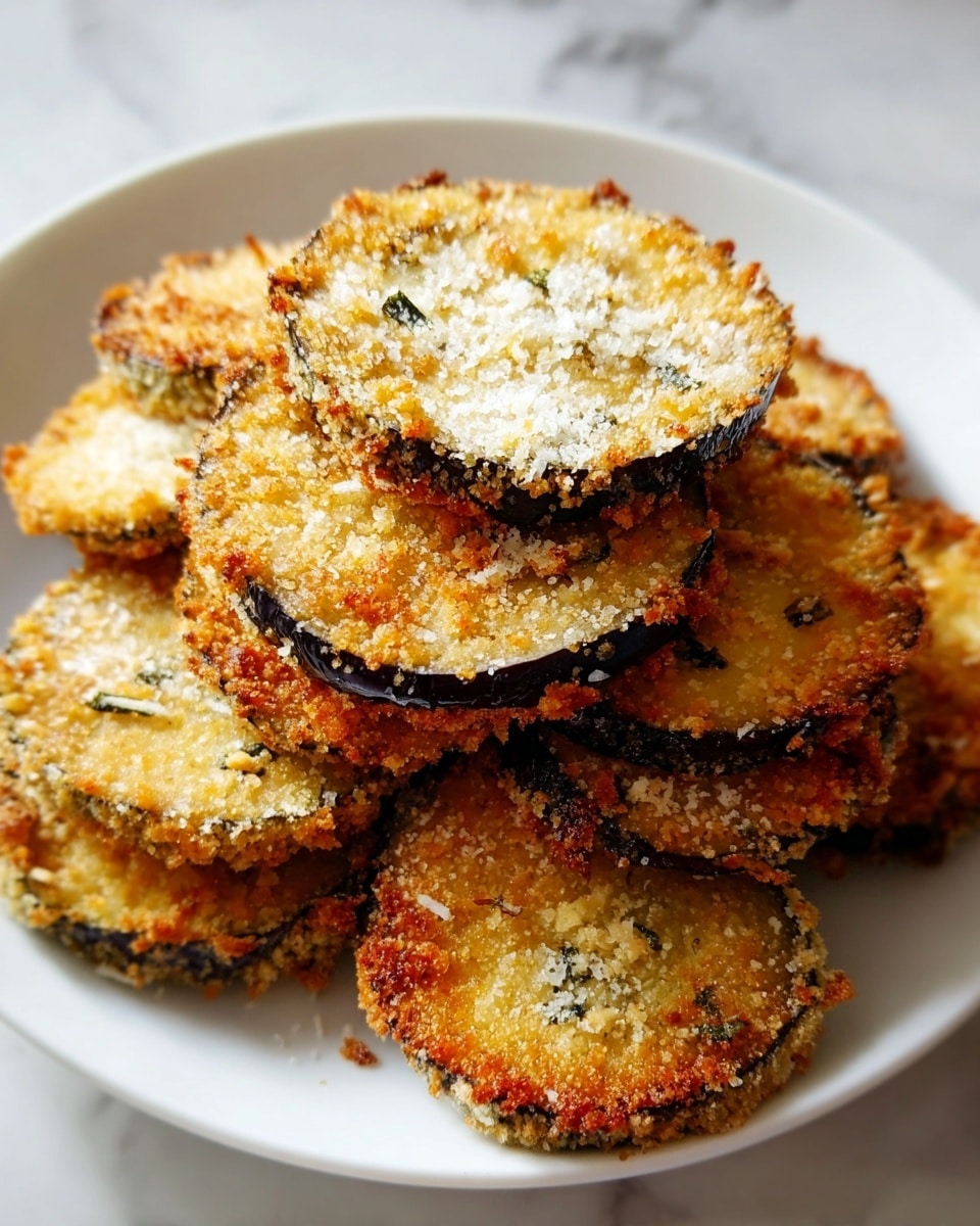 A white plate holds a pile of round, golden brown slices of breaded and baked eggplant, each about three layers thick with a crunchy coating on top and a darker eggplant skin visible around the edges. The breading has a mix of light and darker brown spots, giving a crispy look, and the surface of each slice has a grainy texture from the breadcrumbs and herbs. The eggplant slices are arranged in a slightly overlapping stack on a white marbled surface. photo taken with an iphone --ar 4:5 --v 7
