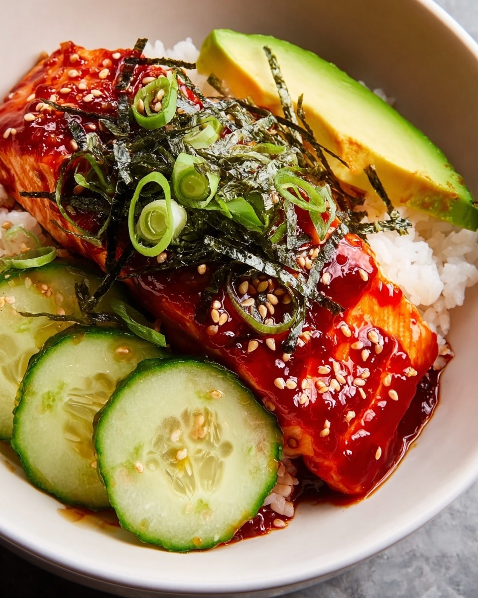 A white bowl holds a base layer of white sticky rice, topped with bright green cucumber slices with a sprinkle of light brown sesame seeds. On top of the rice and cucumbers lies a thick, glossy piece of salmon glazed with a vibrant red sauce, showing its crispy golden edges. The salmon is garnished with thin green slices of scallion and dark green, thin strips of seaweed, with a small pale green slice of creamy avocado resting on the side. The overall look is fresh and colorful with a mix of soft, smooth, and crispy textures, set against a white marbled surface. photo taken with an iphone --ar 4:5 --v 7