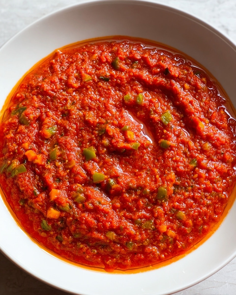 A bowl filled with a thick red sauce that has a chunky texture, showing small pieces of green herbs and orange bits spread evenly throughout. The sauce has a shiny, slightly oily surface and is contained within a simple, white bowl placed on a white marbled surface. The overall color is a rich, bright red with visible flecks of green and orange mixed in, giving it a fresh and vibrant look. photo taken with an iphone --ar 4:5 --v 7