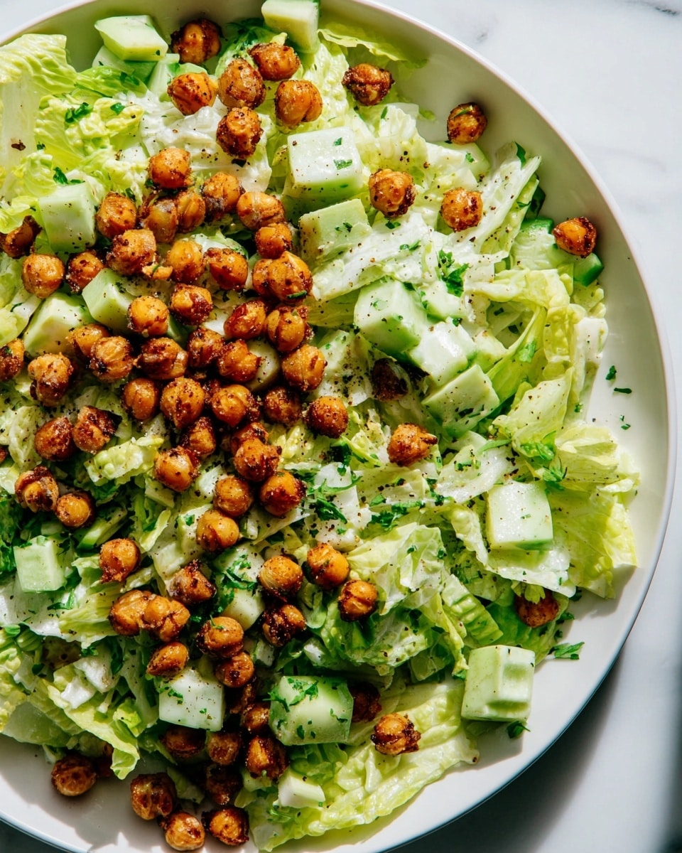 A fresh salad is shown in a white plate on a white marbled surface. The bottom layer is made of crisp, light green lettuce leaves, torn into pieces. On top of this, there are pale green cubes of avocado and cucumber mixed in. The salad is sprinkled with small, bright green chopped herbs. The top layer consists of many small, round, golden-brown roasted chickpeas spread evenly, adding a crunchy texture. The colors range from light green to deep brown, with some black pepper and seasoning visible on the surface, giving the salad a fresh and hearty look. photo taken with an iphone --ar 4:5 --v 7