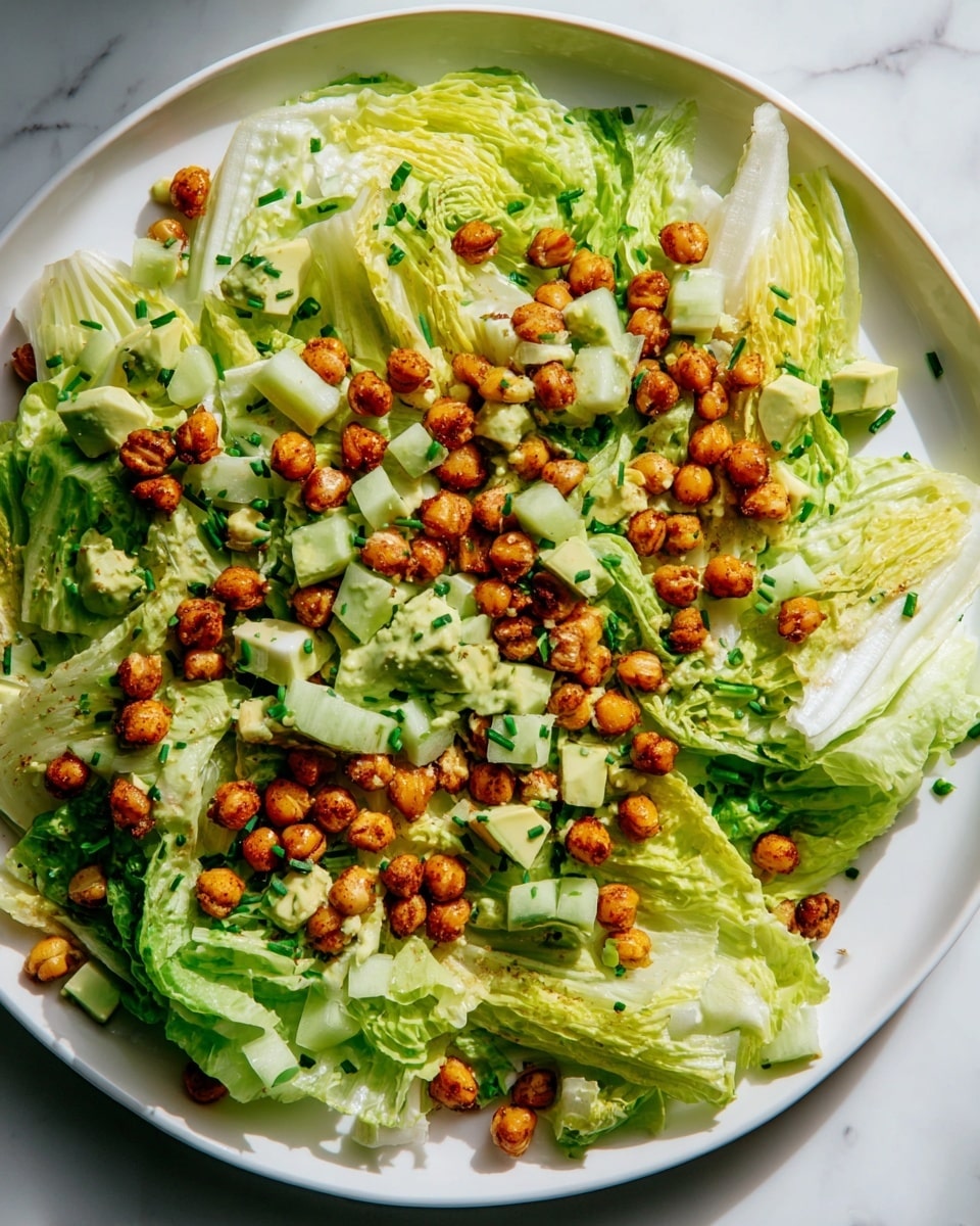 A white plate filled with a fresh salad showing three clear layers: the bottom layer is large pale green lettuce leaves with a soft, leafy texture spreading all over the plate; on top of that are small cubes of light green avocado and cucumber pieces adding a firmer, rough look; the top layer is golden brown, crispy roasted chickpeas scattered evenly, giving the dish a crunchy texture with some small green chives sprinkled all over. The salad is on a white marbled surface that brightens the whole image. photo taken with an iphone --ar 4:5 --v 7