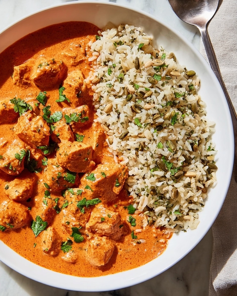 This image shows a white bowl filled with two main parts: one side has creamy orange chicken curry with tender chunks of chicken coated in a thick sauce, sprinkled with chopped green herbs on top; the other side holds fluffy, off-white rice mixed with small green herb pieces and whole spices, giving texture and color contrast. The bowl sits on a white marbled surface next to a metal spoon, with natural light brightening the dish. photo taken with an iphone --ar 4:5 --v 7