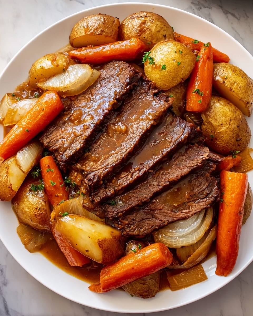 A white plate filled with a hearty meal featuring two layers of sliced beef in the center, each slice showing a browned outer crust and moist, slightly pink inside with a glossy brown gravy on top. Surrounding the beef are chunky pieces of golden brown roasted potatoes, tender orange baby carrots, and soft, translucent cooked onion wedges, all mixed and slightly glazed with the same brown gravy. The plate sits on a white marbled surface. photo taken with an iphone --ar 4:5 --v 7