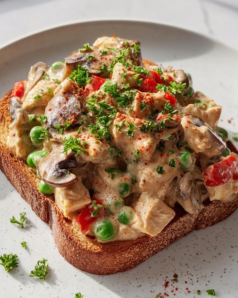 A thick layer of creamy chicken and mushroom mixture with small green peas and red bell pepper pieces covers a single slice of toasted brown bread. The creamy sauce is light brown with visible chunks of sliced mushrooms and diced chicken, topped with finely chopped green herbs and a light dusting of red spice. The toast rests on a white plate with a few sauce drips around it, all set on a white marbled surface. photo taken with an iphone --ar 4:5 --v 7