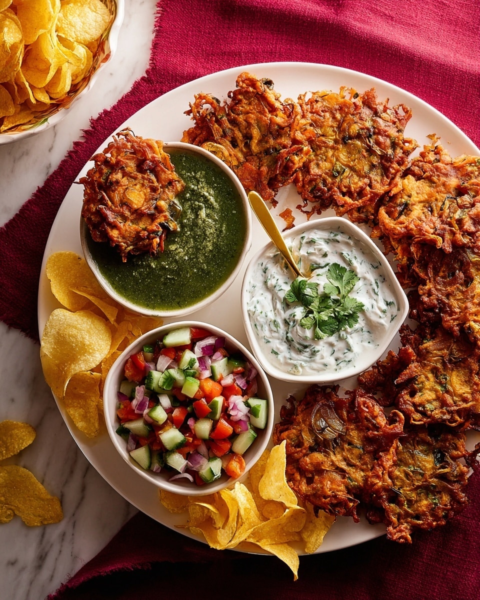 The image shows a large oval white plate on a white marbled surface, filled with several golden-orange crispy fritters placed in the center and right side, surrounded by light yellow crispy chips on both sides. There are three small round white bowls on the plate: one at the bottom filled with a colorful mix of chopped red tomatoes, green cucumbers, and fresh green herbs; one at the top right containing white yogurt with green herbs; and the last one on the left holding a dark green dipping sauce with a small golden spoon inside. In the top left corner, there is part of another white plate with more yogurt and some of the fritters, along with a dark red cloth underneath. photo taken with an iphone --ar 4:5 --v 7