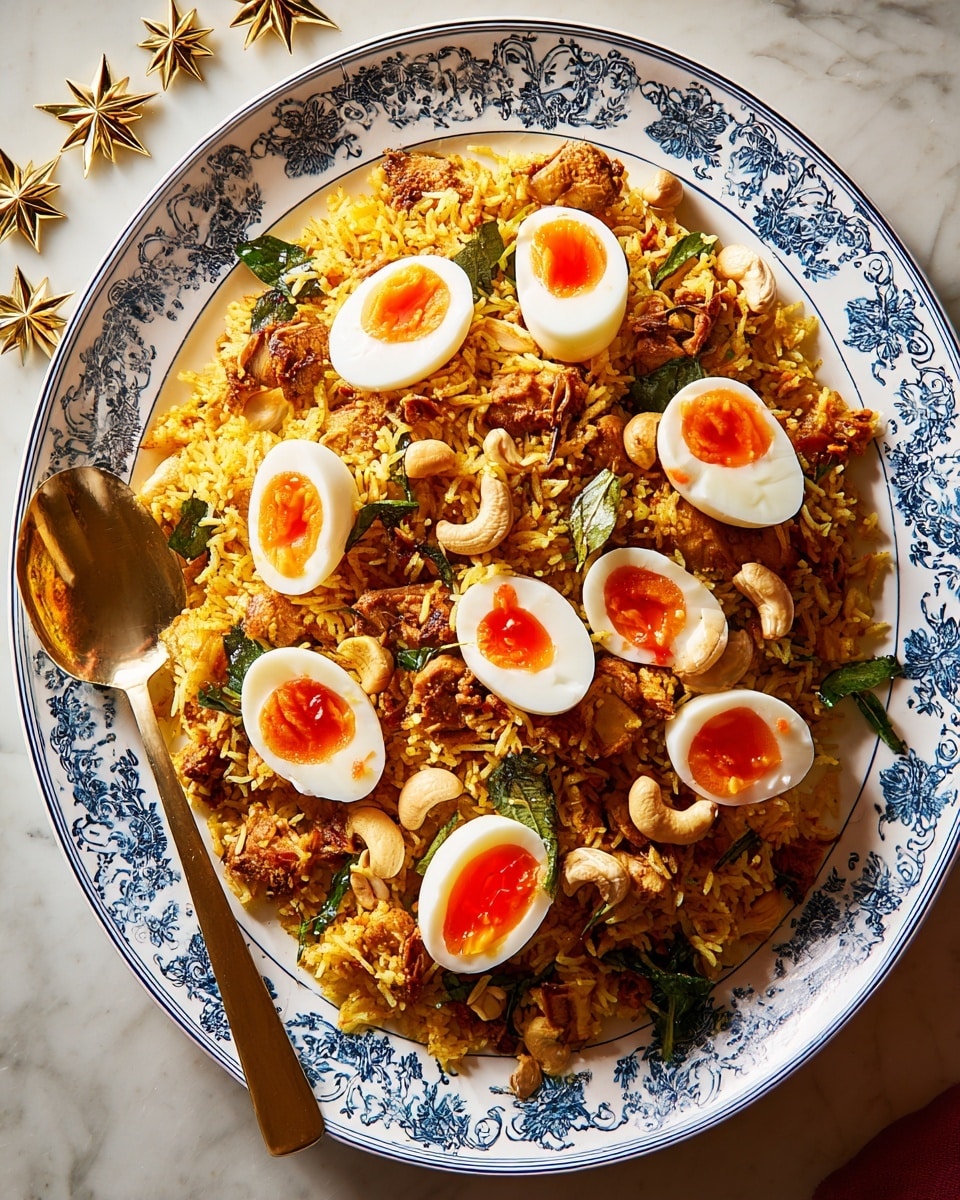 A large white plate with blue floral patterns holds a dish of yellowish spiced rice mixed with small pieces of cooked meat, whole cashew nuts, reddish dried tomatoes, and green curry leaves scattered throughout. On top, there are seven halved boiled eggs with bright white outer layers and slightly runny deep orange yolks positioned evenly. A brass spoon is placed inside the dish, partly lifting some rice and one egg half. The plate sits on a white marbled surface with subtle light reflections, and there are decorative golden star shapes in the background. photo taken with an iphone --ar 4:5 --v 7