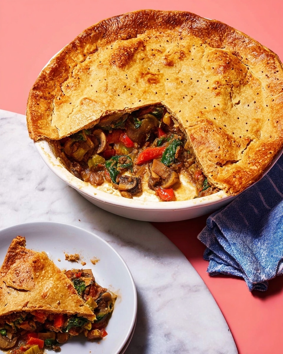 A round pie with a thick, golden-brown crust covers a filling made of chunky pieces of vegetables including red bell peppers, mushrooms, and green leafy parts. One slice is taken out, showing the colorful, juicy vegetable filling with layers of red, green, and brown inside the crust. The pie rests in a white pie dish, and a piece of the slice is placed on a white plate beside it. The background features a white marbled surface with a blue and white striped cloth nearby. photo taken with an iphone --ar 4:5 --v 7
