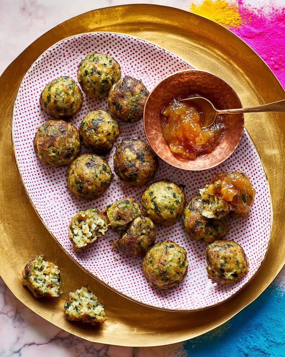 The image shows a white oval plate filled with about twelve round, golden-brown patties with a textured, slightly crispy surface and bits of green and white visible inside, suggesting herbs and nuts. One patty is broken open in the center, revealing a soft, crumbly light green interior. Next to the patties on the plate is a small metallic copper bowl containing a glossy amber-colored sauce with a spoon inside. The plate rests on a gold tray placed on a white marbled surface with bright pink and blue powder scattered nearby. photo taken with an iphone --ar 4:5 --v 7