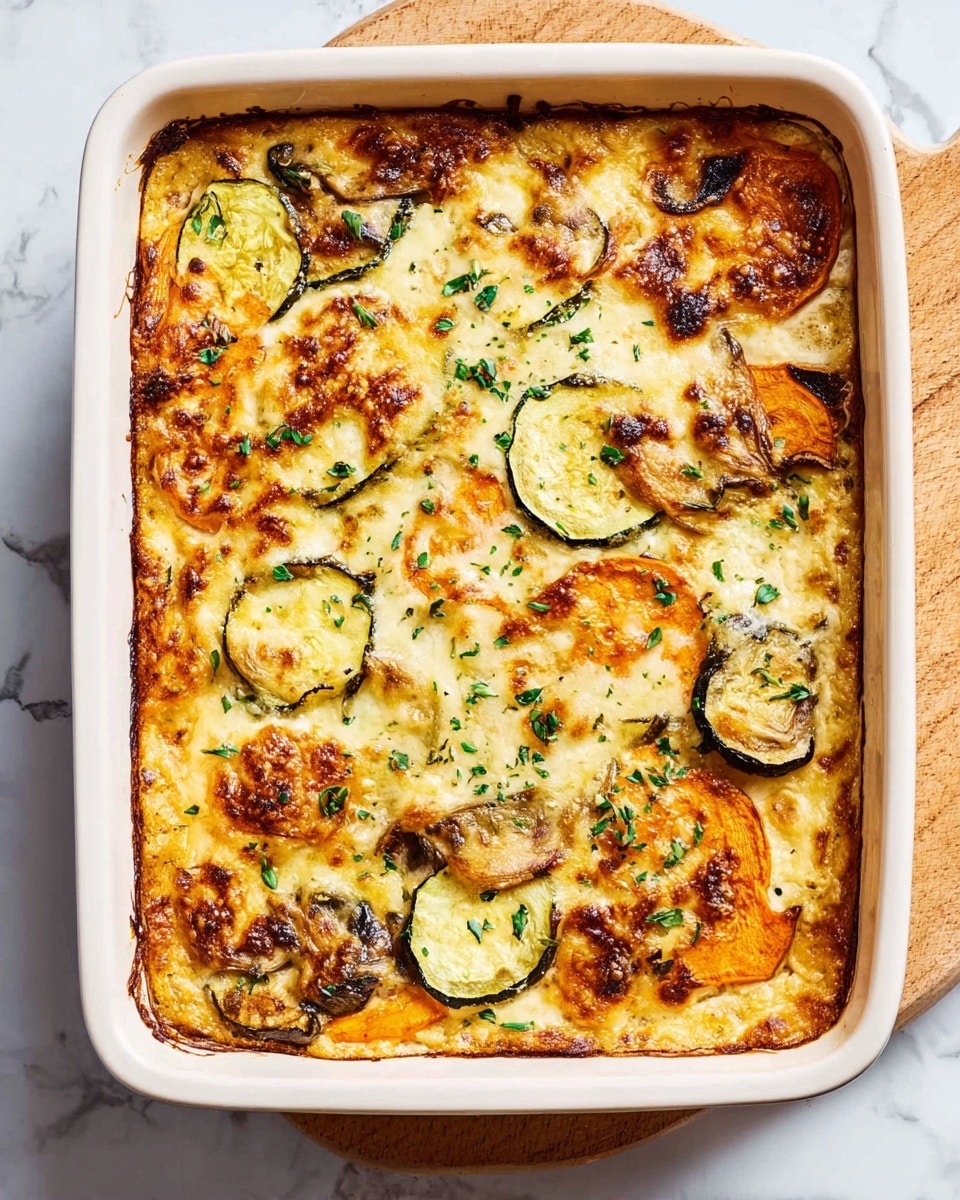 The image shows a baked casserole in a white rectangular baking dish placed on a light brown cloth over a white marbled surface. The dish has a golden-brown top layer with melted cheese and scattered green herbs. There are multiple visible layers beneath, including round slices of zucchini with a slightly charred edge and soft orange chunks, likely sweet potatoes. The cheese is bubbly and slightly browned, covering the vegetables evenly. The edges of the dish show some caramelization, giving a crispy texture around the sides. Photo taken with an iphone --ar 4:5 --v 7
