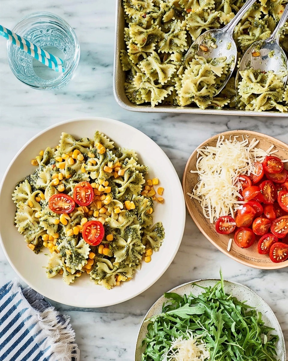 A white bowl filled with three layers of pasta salad, the base layer shows bow-tie pasta coated in a green pesto sauce with a slight oily shine, the middle layer is mixed with small yellow corn kernels and pine nuts adding texture, and the top layer is decorated with bright red halved cherry tomatoes scattered evenly. Nearby, a white plate holds fresh green arugula leaves on one side, thin pale yellow cheese shavings in the middle, and more cherry tomato halves on the other side. Behind, a large white tray also full of bow-tie pasta tossed with pesto sauce is partially visible with two white serving spoons resting inside. A clear glass with water and a blue striped straw stands to the edge, all set on a white marbled surface. photo taken with an iphone --ar 4:5 --v 7