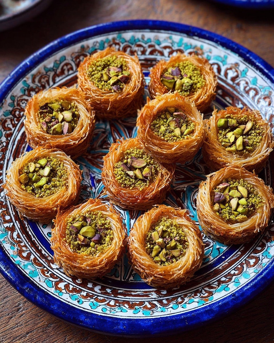 The image shows a white plate with blue, brown, and turquoise patterns around the edge, filled with ten round nests made of thin, golden-brown strands that look crunchy and crispy. Each nest holds a pile of green and brown pistachio nuts, shining slightly as if glazed. The nests are neatly arranged close together to almost fill the plate. The plate is placed on a brown wooden surface. photo taken with an iphone --ar 4:5 --v 7