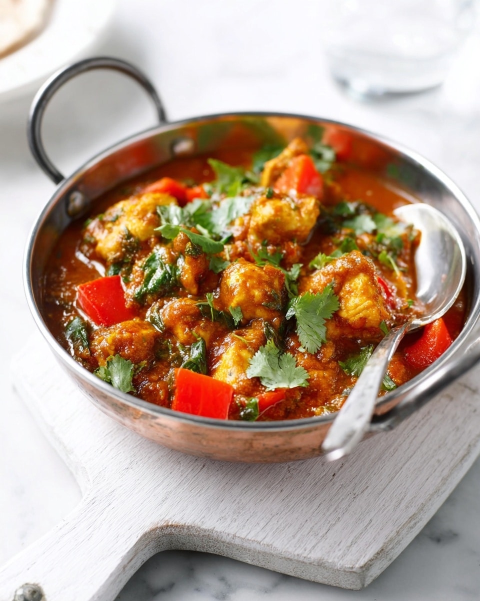 A shiny silver bowl filled with a thick, orange-red curry containing chunks of cooked chicken, bright red tomato pieces, and fresh green spinach leaves scattered throughout. The dish is garnished with fresh green cilantro leaves on top. The bowl is placed on a white marbled surface with soft natural light falling from the side, highlighting the vibrant colors and textures of the curry. photo taken with an iphone --ar 4:5 --v 7