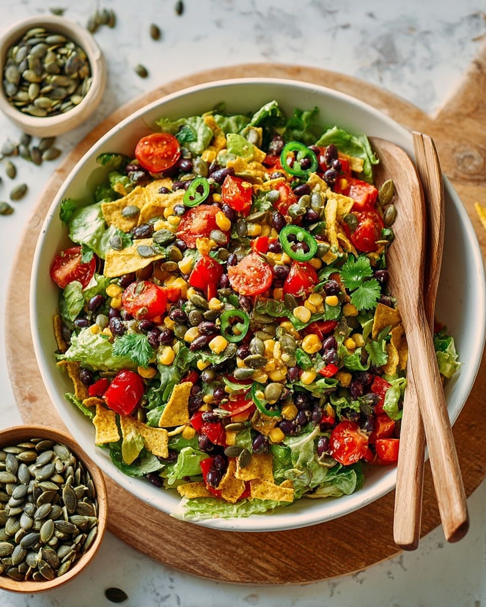 A large white bowl filled with a fresh salad showing several layers starting with bright green chopped lettuce as the base, topped with halved red cherry tomatoes, small yellow corn kernels, dark brown or black beans, chopped red bell peppers, and green jalapeño slices. There are also light yellow crushed tortilla chips sprinkled evenly throughout, along with dark green pumpkin seeds scattered on top. Two wooden salad spoons rest partly inside the bowl, crossing each other at the center. The bowl is placed on a wooden cutting board, with a small beige bowl of pumpkin seeds next to it. The whole scene is set on a white marbled textured surface. photo taken with an iphone --ar 4:5 --v 7