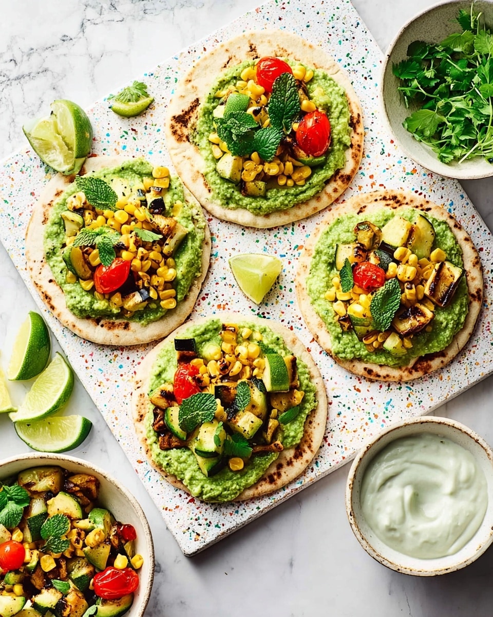 The image shows four small flatbreads spread with a thick, bright green paste as the first layer. Each flatbread is topped with roasted yellow corn, green zucchini pieces, bright red tomato slices, green herbs, and some fresh green spring onions, creating a colorful and fresh look. Two lime wedges rest near the flatbreads on a white marbled surface. To the side, there is a small white bowl filled with fresh green herbs and a larger beige bowl holding more of the roasted vegetable mixture. The scene is bright and fresh with all food placed on a white marbled countertop. Photo taken with an iphone --ar 4:5 --v 7