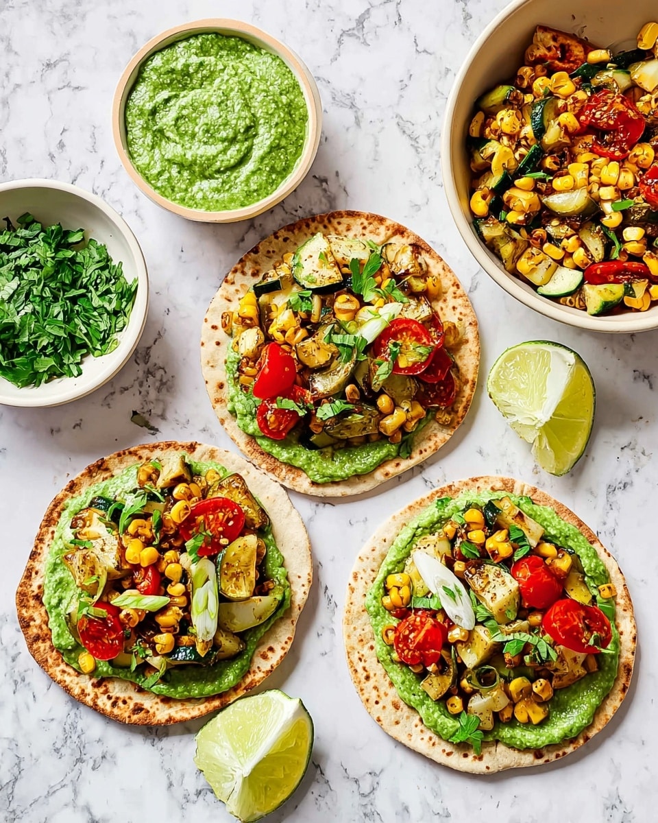 The image shows four small flatbreads each spread with a thick, bright green pea puree layer as the base, topped with a mix of yellow grilled corn, green zucchini chunks, red tomato slices, and fresh green herbs like cilantro and mint. Three flatbreads are placed on a white marbled platter with colorful specks, and one is on the same white marbled surface nearby. Alongside, there is a small white bowl filled with fresh green herb leaves and two lime wedges on the platter. To the side, a white bowl contains a mix of the grilled vegetable topping, and a small white bowl of creamy white sauce is partly visible. The vibrant colors and textures of the vegetables stand out against the green pea base and pale flatbreads. Photo taken with an iphone --ar 4:5 --v 7
