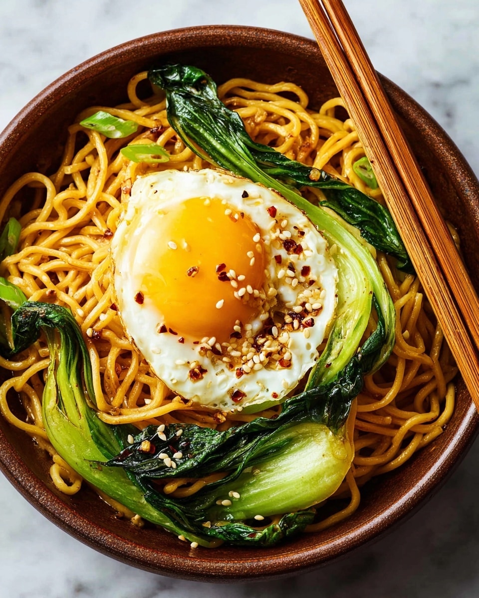 A round bowl filled with a base layer of cooked yellow noodles mixed with small bits of fried garlic or onion and dark chili flakes, giving the noodles a slightly oily and textured look. On top of the noodles are two bright green bok choy leaves with their white stems visible, creating a fresh contrast. A fried egg with a golden runny yolk centered on the top, edged with crispy browned white, is sprinkled with sesame seeds and more chili flakes adding texture and color on the egg. The bowl sits on a white marbled surface with a pair of wooden chopsticks placed to the right side of the bowl. photo taken with an iphone --ar 4:5 --v 7