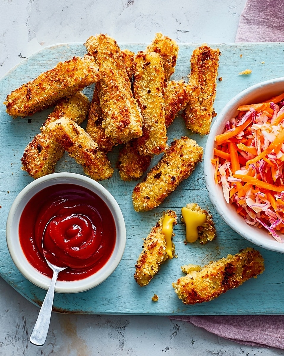 The image shows a blue wooden board on a white marbled surface, holding several golden-brown crispy sticks that are breaded and fried, arranged in a loose pile at the top half of the board. To the right, there is a small white bowl filled with shredded orange and light beige vegetables, with a small silver spoon inside. At the bottom left corner of the board, there is a white plate containing red ketchup with a swirl of yellow mustard, and a golden fried stick dipped partially into the ketchup. A folded gray cloth rests just off to the right edge of the board. Photo taken with an iphone --ar 4:5 --v 7