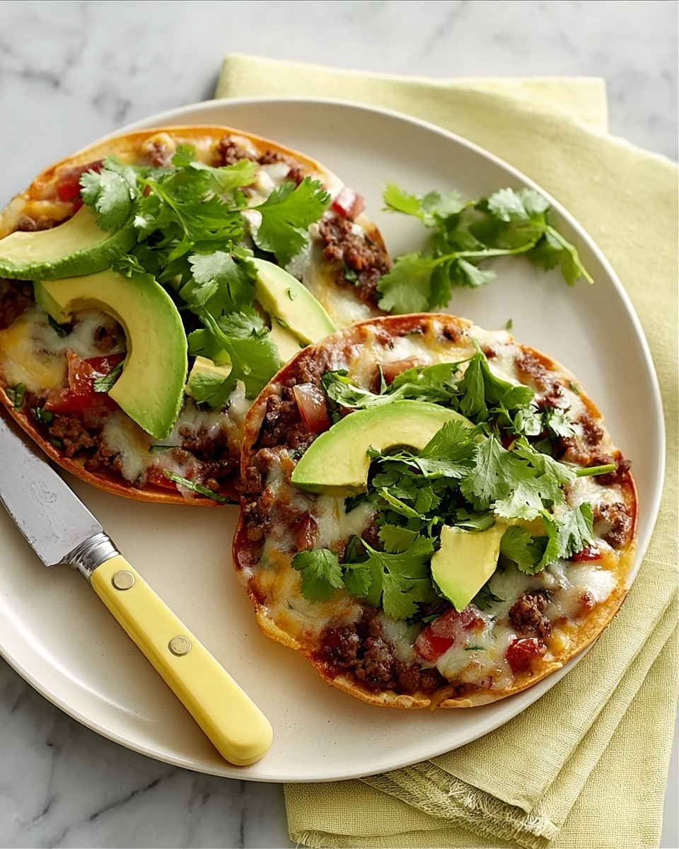 The image shows two small tortillas on a white plate with crispy edges and a slight golden brown color. Each tortilla has a layer of melted cheese with small chunks of cooked ground meat mixed with tiny pieces of tomato. On top, there are several slices of fresh green avocado and a small bunch of bright green cilantro leaves, adding a fresh, leafy texture. The plate is set on a white marbled surface, next to a folded yellow napkin and a small knife with a yellow handle. photo taken with an iphone --ar 4:5 --v 7
