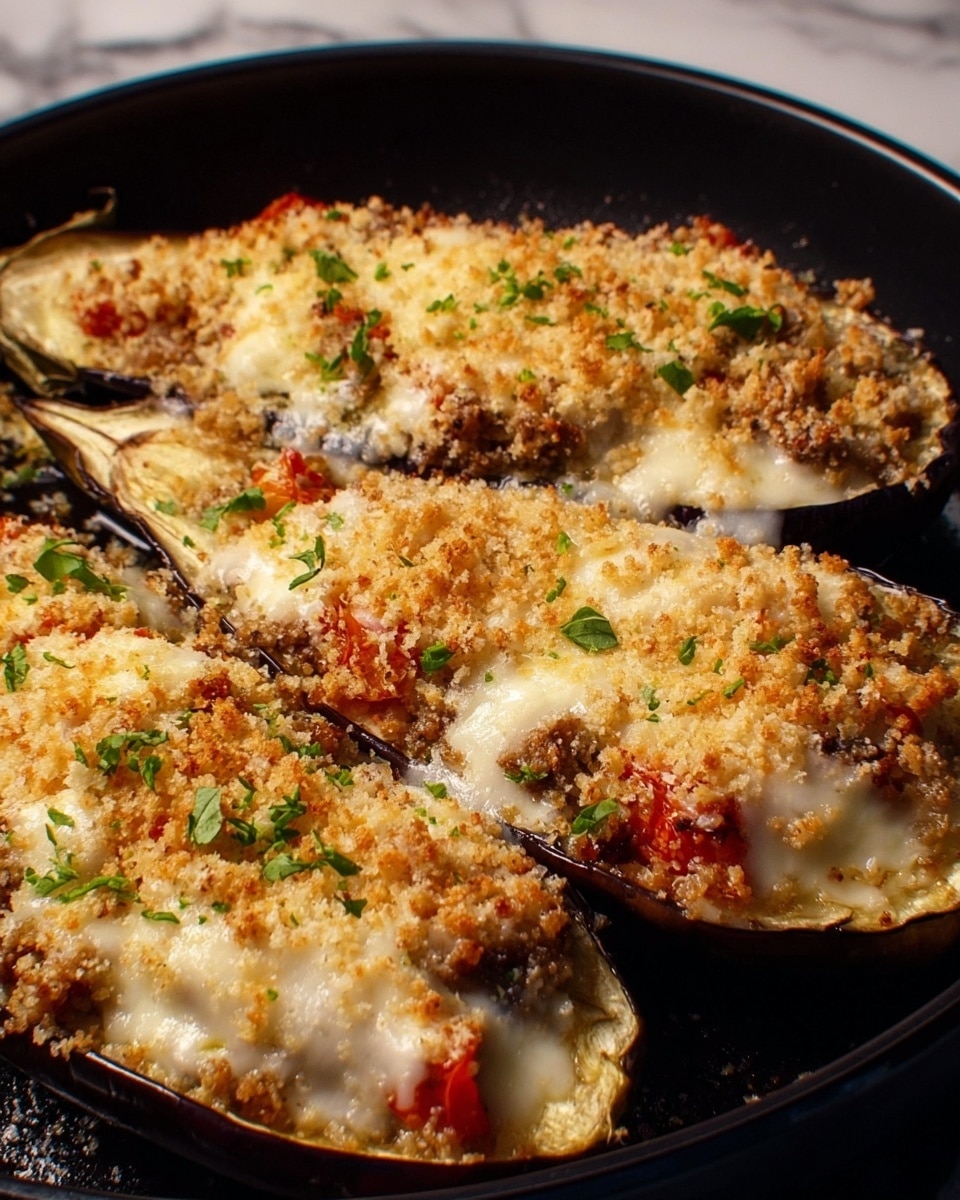 The dish shows three eggplant halves laid out in a black pan, each topped with multiple layers: a base of roasted purple eggplant flesh, scattered cooked pieces of red and yellow vegetables, a thick layer of melted creamy white cheese, and a golden-brown crumbly topping all sprinkled with fresh chopped green parsley, giving it a textured and colorful look. The edges of the eggplants are visible with deep purple skin. The lighting casts a warm tone on the dish, highlighting the melted cheese and crispy crumb crust. photo taken with an iphone --ar 4:5 --v 7