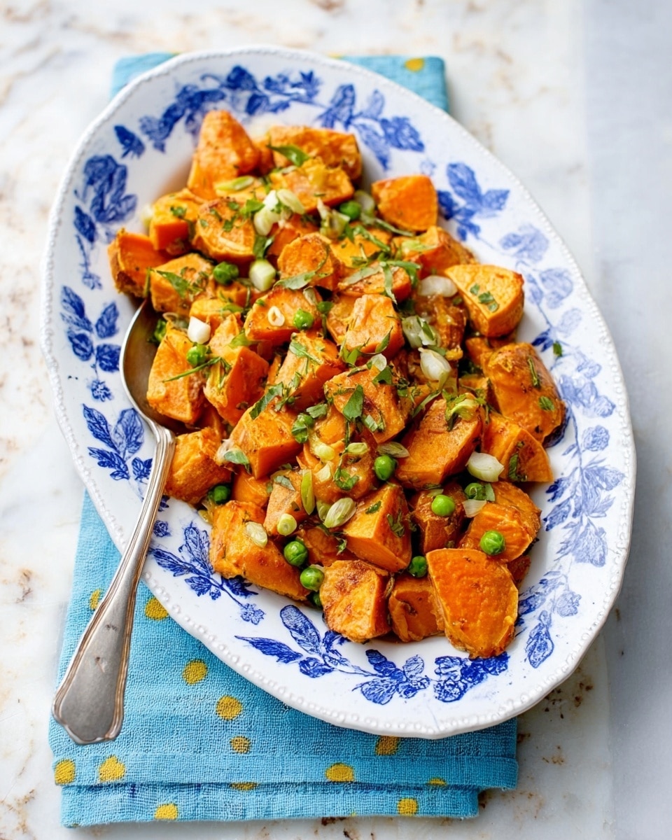 The image shows a white oval plate with blue leaf patterns along the edge, filled with roasted orange sweet potato chunks that have a slightly crispy outside. The sweet potatoes are sprinkled with finely chopped white onions and small green peas, adding a fresh look and texture contrast. A silver spoon rests on the plate's right side, partially under the sweet potatoes. The plate is placed on a folded light blue cloth with yellow and blue designs, all set on a white marbled surface. photo taken with an iphone --ar 4:5 --v 7