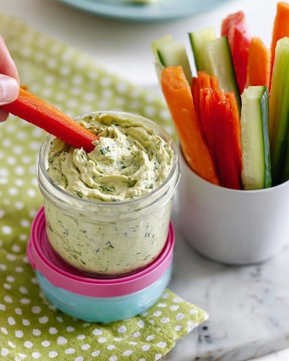 The image shows two clear containers stacked, each filled with a creamy light green dip with visible herbs and a slightly chunky texture, with the top container open and the dip swirled on top. Next to the containers, there is a white cup holding colorful vegetable sticks in layers: red bell pepper strips, orange carrot sticks, and green cucumber sticks, all standing upright. The items are set on a light green polka-dot cloth on a white marbled surface. A woman's hand is reaching from the right side, about to grab a vegetable stick. Photo taken with an iphone --ar 4:5 --v 7