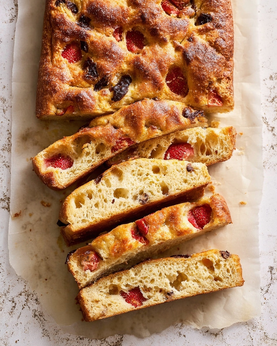 This image shows a freshly baked, rectangular focaccia bread cut into five pieces, laid out on parchment paper over a white marbled surface. The focaccia has a golden-brown top with a slightly crisp, textured crust, dotted with caramelized sugar and soft roasted strawberry halves embedded in the dough. The inside of the bread reveals a soft, airy crumb with small air holes and scattered dark bits, likely pieces of chocolate or olives. The overall look is rustic and inviting with varying shades of brown, red, and light beige throughout the focaccia. Photo taken with an iphone --ar 4:5 --v 7